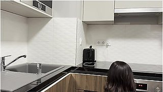 Hot Sexy Blonde Petite Girl In Black Shiny See Through Pantyhose No Panties In The Kitchen With Leon Lambert