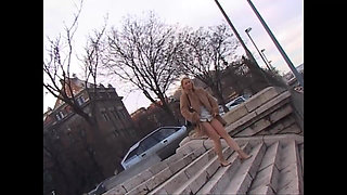 This Beautiful Busty Girl Masturbates on the Street and Gives a Blowjob at Home