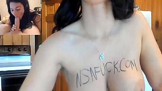 Tattooed brunette teases big tits in kitchen then takes doggystyle pounding