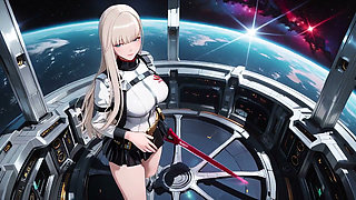 Private moments inside the futuristic spaceship where her white uniform is stretched to perfection.