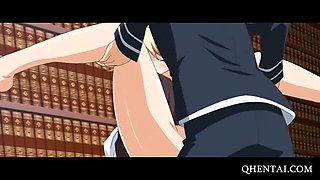 Blonde anime babe fucked on the library floor