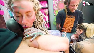 Big Dick Tattooed Foursome - Merry's Anal Adventure with Double Blowjob & Facial