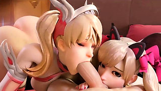Hot ass Dva and blonde Mercy blowjob and sex session