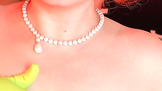 Hot pussy masturbation of horny MILF in rubber household gloves