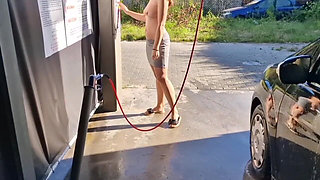 I Undress While Washing the Car at the Car Wash, Showing My Tits and Pussy in Public