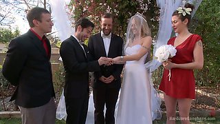 Blind folded bride Natasha Starr is fucked by groom and several dudes
