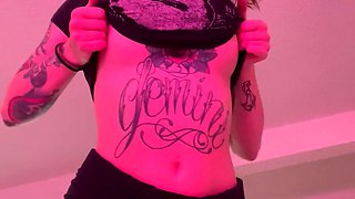 Busty curly brunette with big boobs fucks on couch