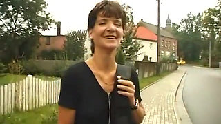 Brunette mature jizzed on tits after sucking old mans dick