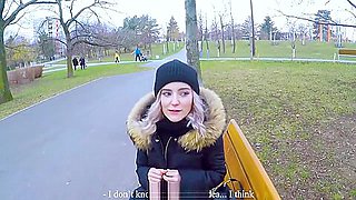 Cute teen 18+ swallows cum for cash - public blowjob in the park by Eva Elfie