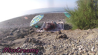 Exhibitionist Wife Outdoor Amateur MILF Blowjob & Handjob Big Cock on Nudity Beach in Front of Follower with Cum