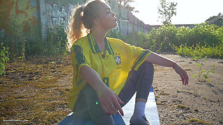Seductive Russian Babe Smoking Cigarette Outdoor Setting