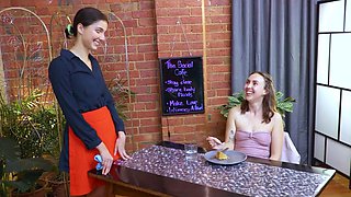 Hairy girl squirts during lesbian sex at the cafe
