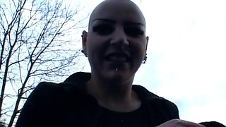 Shaved Head Babe Spreads Pierced Pussy Dripping Cream