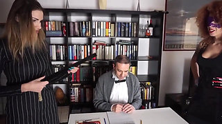 Two femdom chicks whipping and punishing their slave