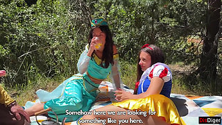 Cute Princesses Jasmine and Snow White Get Fucked by Rough Guys in a Fairy-tale Forest