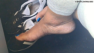 Barefoot Passenger Blue Toes Foot Play While Riding in the Car