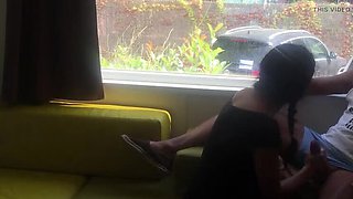 Risky Public Blowjob In Front Of Window - Hot Brunette MILF Wife On Her Knees Outdoor Camping