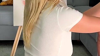 No Panties No Bra All Natural Big Tits Hot Blonde Art Teacher Sees Her Male Model Is Masturbating While Posing and She Joins