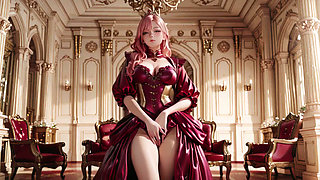 The Pink Queen's Coronation! Deep red silk, golden goblet, and a lazy gaze from the throne. Pure fantasy.