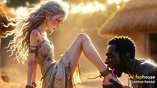 White Woman in Bondage - African Man Passionate Foot Licking