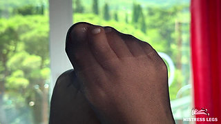 Mistress Legs in Black Pantyhose Soles Tease Part 2 - Slow Nylon Rubbing and Short Skirt Peek