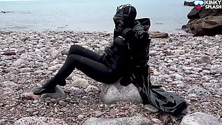 Gas Mask Goddess - Rubber Wetsuit & Pvc Mac Beach Tease