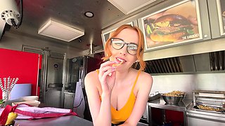 Redhead Scarlett Jones with big boobs gets fucked in the kitchen