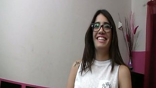 Nerdy brunette in glasses Penelope Cum sucks a dick in the toilet and gets messy facial