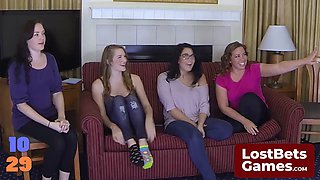 Brunette Lesbian Gamers Strip for Foot-Fetish Darts