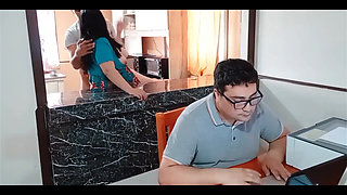 My Cuckold Husband Works While My Stepson Fucks Me in the Kitchen No