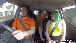 Chubby student driving publicly fucked by tutor outdoors in the car