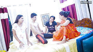 Desi step sister , step mom and house maid fights for big cock step son to fuck ( Hindi Audio )