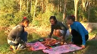 Three Beautiful Russian Teen Girls Outdoor Fun