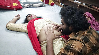 Red half saree navel lick romance