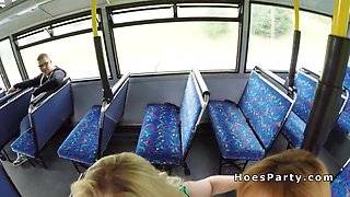 Threesome fuck party in public bus