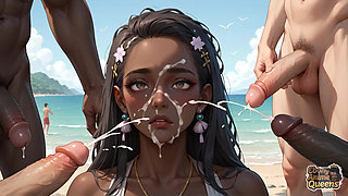 Hot Dark-hued Woman in Swimsuit Shot on Face by Dark-skinned Lover on Beach - Irresistible XXX Porn!