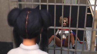 Lesbian sex with strapon. Harley Quinn plays with a female prison officer