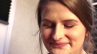 Step sister sucks step brothers cock and swallows cum while they are locked in the trailer