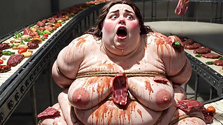 Humiliated BBW Slave Tied and Stuffing Her Belly Deep