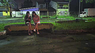 Two hot girls caught him masturbating inside the car and helped him cum