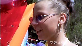 Blonde Teen Rides Dildo on Beach